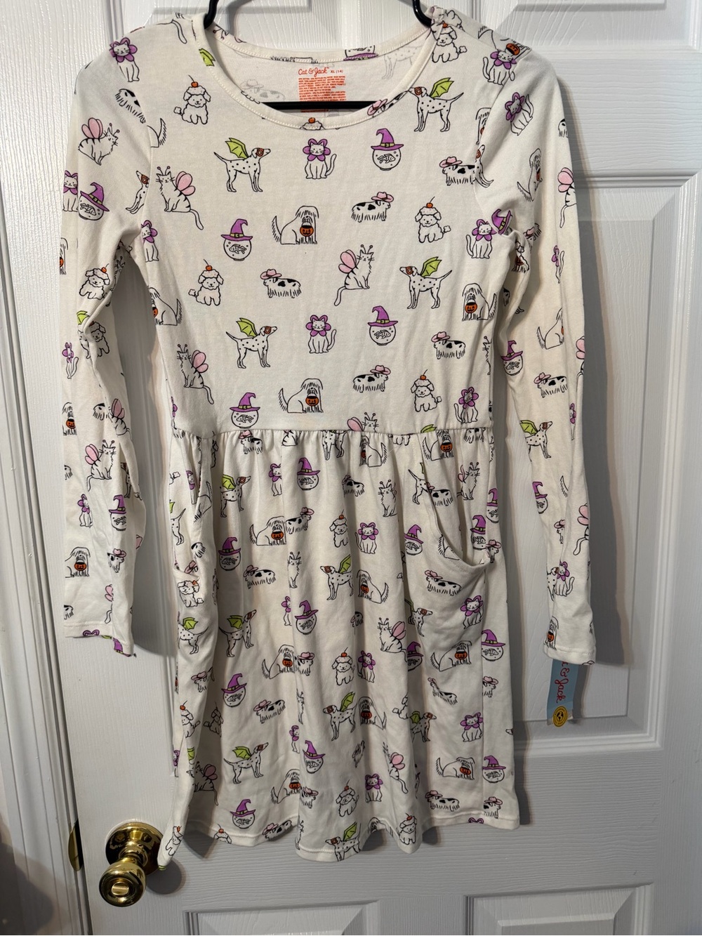 Cat & Jack Cream Dress with pockets with Purple & Green Puppy Print